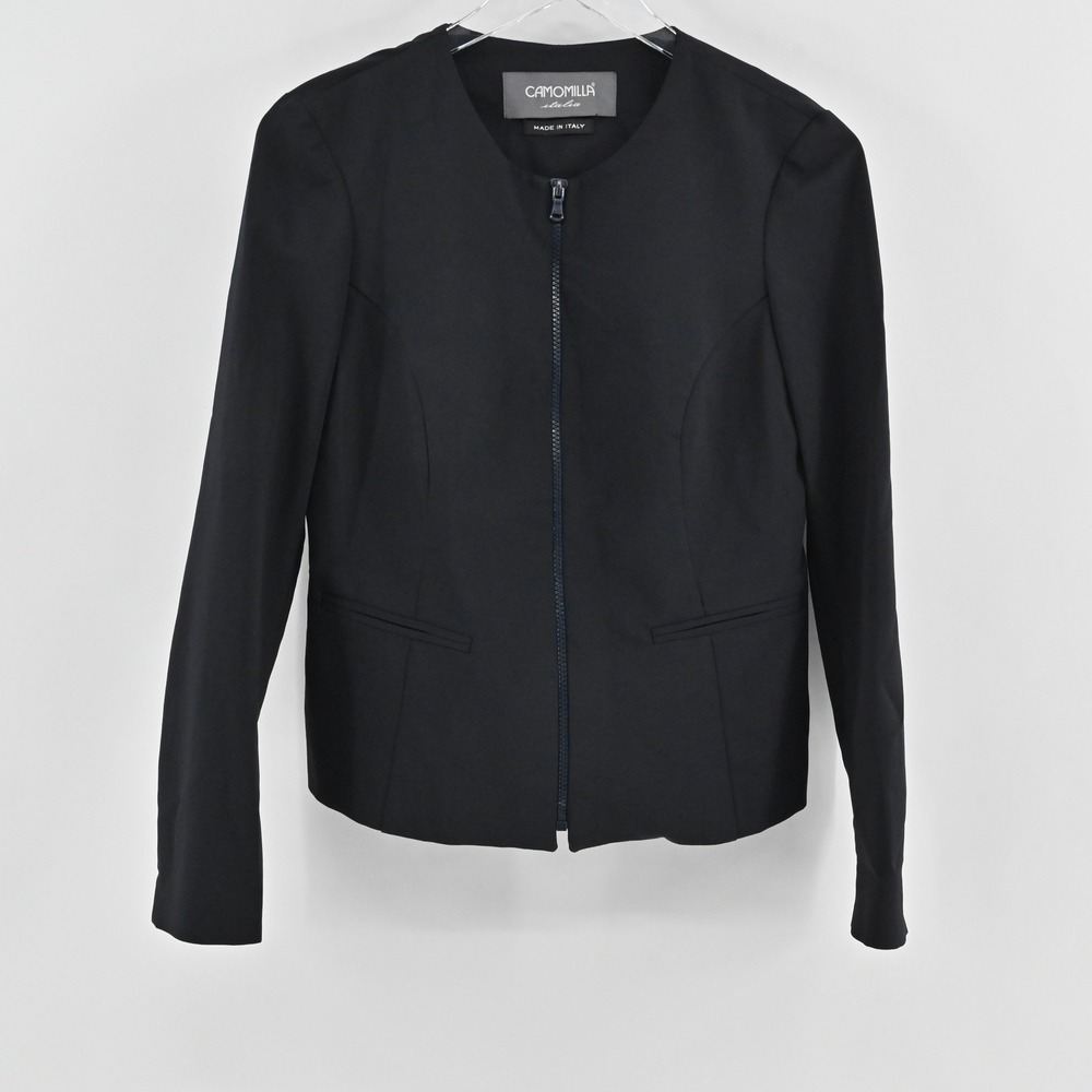 Camomilla Italia Black Zip Front Jacket Size 42‎ Collarless Blazer Made in Italy
